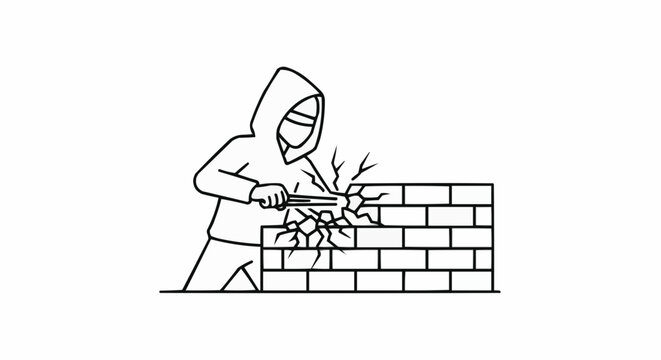 Ninja warrior hacking brick wall with sword illustration vector art