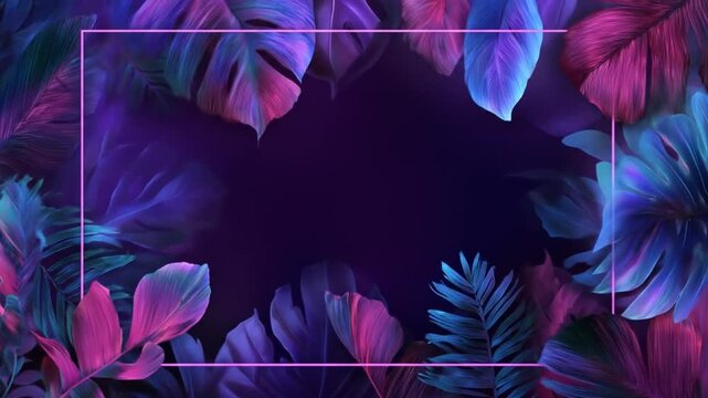 Neon frame with dark, glowing tropical leaves in shades of pink, blue, and purple