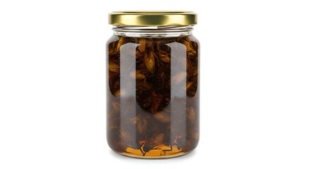 Glass jar with dark preserved fruit, like prunes in syrup, isolated on white. A wholesome culinary ingredient or healthy snack, showcasing traditional preservation techniques