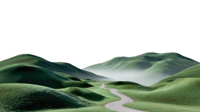 Rolling Green Hills and Serene Pathway: A meandering pathway cuts through rolling green hills, leading towards a misty horizon and inviting exploration.