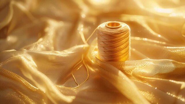 A spool of thread sits on top of a cloth, ideal for sewing or crafting projects