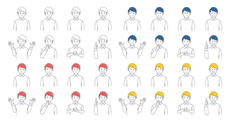 若い男性の表情とジェスチャーを表現したカラーバリエーションのベクターアイコンセット