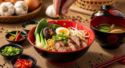 Delicious and Colorful Asian Ramen Noodle Bowl with Various Toppings