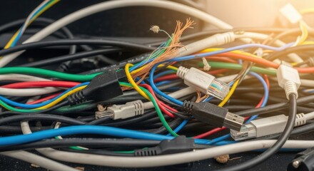 Tangled network cables and electrical wires with connectors. Messy internet connection setup. Wiring and power supply concept.