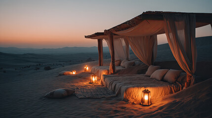 Canopy bed nestled among desert sands, draped with luxe linens, illuminated by warm lantern glow during golden sunset casting intimate, dreamy atmosphere