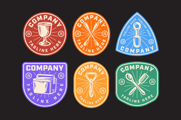 beer shot glass, stir stick, keychain opener, beer cooler box, corkscrew, mixing spoon retro badge logo design collection for brewing factory industry, pub, lifestyle business. vector illustration