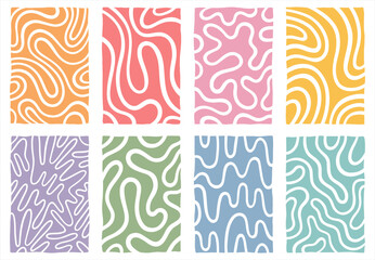 Abstract vector rectangle illustrations set uneven edge. Twisted hand drawn wavy organic winding doodle lines, fluid curved wiggling stripes backgrounds. Funky ornaments, groovy hippie patterns. 
