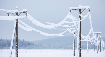 Power lines and utility pole covered with snow. Winter landscape with electric power transmission in snowy field. Energy supply concept.