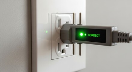 Electrical tester plug in wall outlet with green light and correct text. Safe wiring and electricity concept.