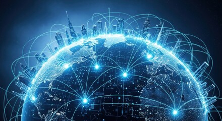 Global network connection. Blue earth globe with city lights and glowing lines. Telecommunication and data exchange in the digital world.