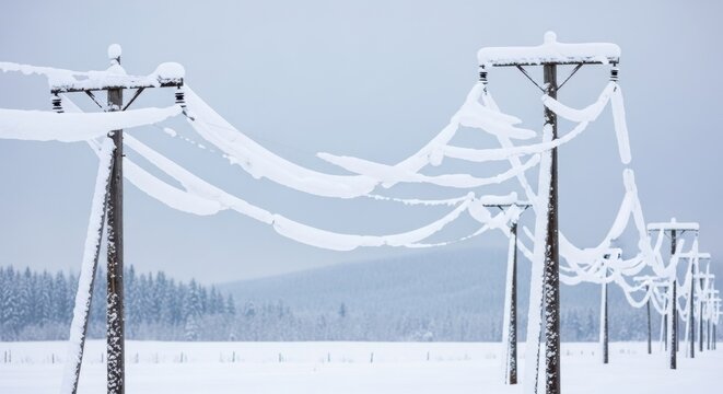 Power lines and utility pole covered with snow. Winter landscape with electric power transmission in snowy field. Energy supply concept.