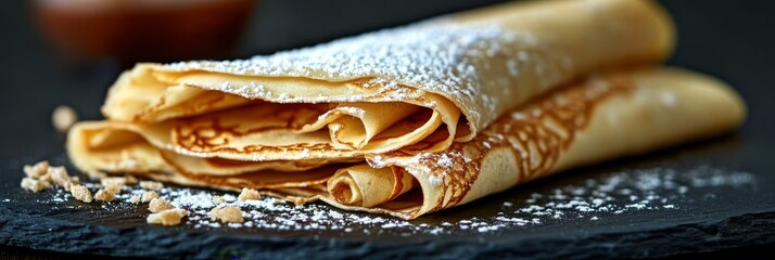 Naklejka premium Delicious Homemade Crepes Stacked High, Dusted with Powdered Sugar and Served with Fresh Berries