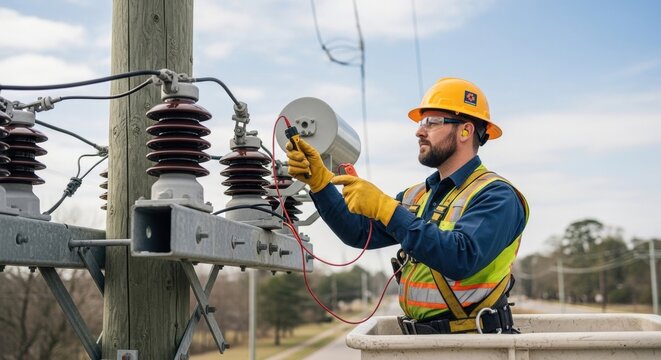 Electrician man working on utility pole. Power line maintenance and repair. Energy industry work concept. - Powered by Adobe