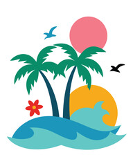 Stylized tropical island with palm trees, waves, and sun