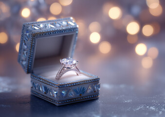 Ai elegant engagement ring displayed in a decorative box with soft bokeh lights in the background