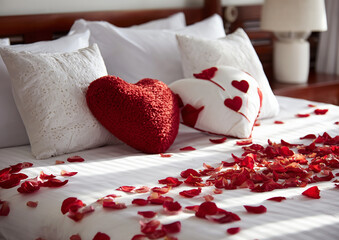 Ai romantic bed decorated with rose petals and heart-shaped pillows for a special occasion