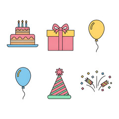 Birthday celebration icon set with cake, gift, balloons, and party hat for festive occasions
