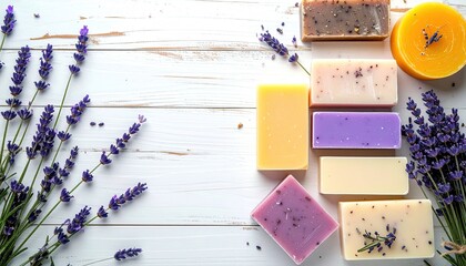 Lavender soaps on white wooden planks