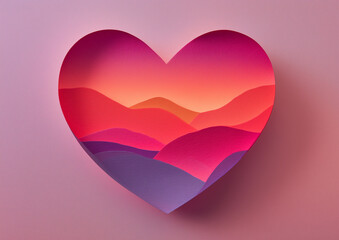 Ai colorful heart shape cutout revealing a scenic sunset landscape inside on a soft backdrop