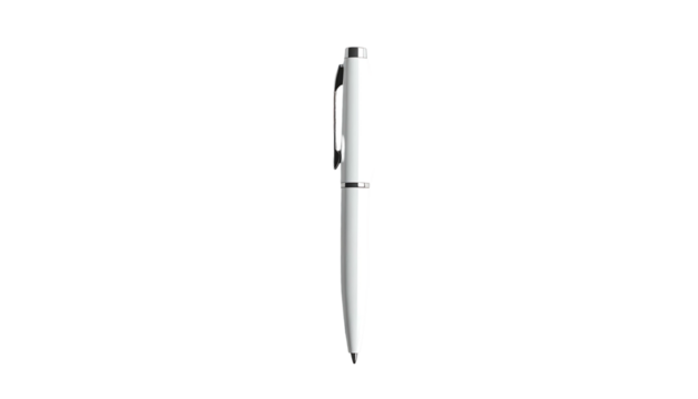 Sleek, matte-white pen, cylindrical body, capped, metallic accents near the clip.  Minimalist design, simple elegance