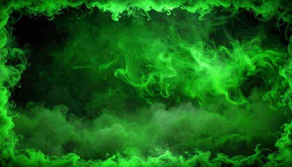 Green smoke frame surrounds the dark black background, creating spooky misty fog edges. This eerie smoky border forms a mysterious template mockup, perfect for atmospheric designs, haunting effects, h