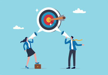 Effective communication for team success and achieve goal, meeting or discussion to speak the same goal, communicate important purpose concept, business people speak on megaphone the same target