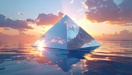 Reflective pyramid floats on tranquil water at sunset