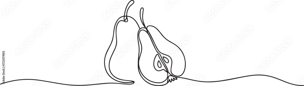 Poster continuous one line drawing of pear with one whole and one half showing seeds in minimalistic vector