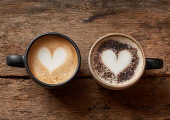Ai couples enjoying heart-shaped latte art in cozy setting with rustic wooden table