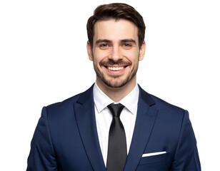 Firefly_Young handsome businessman in suit, smiling nicely, professional headshot, isolated