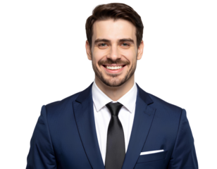 Firefly_Young handsome businessman in suit, smiling nicely, professional headshot, isolated