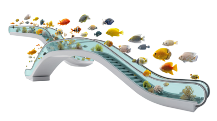 Escalator aquarium: a vibrant and imaginative photo showcasing a escalator underwater world. Fish swim elegantly alongside coral reefs within the escalator, adding a vibrant artistic concept. 