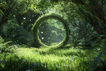 Lush, verdant forest clearing with a circular portal