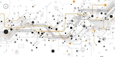 Abstract circuit board design, with interconnected lines, circles, and shapes, in shades of gray, black, and orange, on a white background