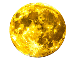 A vibrant, golden full moon dominates a black background, its surface textured with craters and subtle shading, creating a luminous, celestial sphere