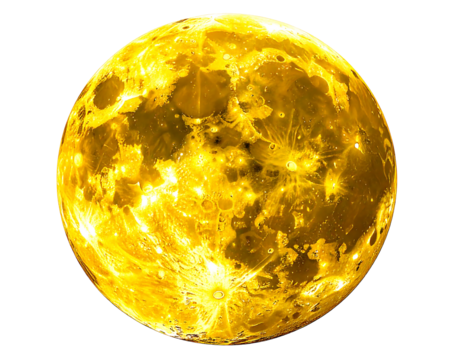 A vibrant, golden full moon dominates a black background, its surface textured with craters and subtle shading, creating a luminous, celestial sphere