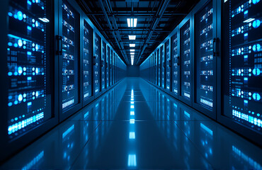 dimly lit server room shines brightly rows humming servers reflected polished floor mirrors illuminated soft blue led strips