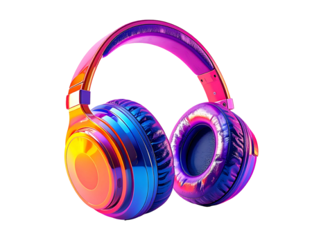 Vibrant, over-ear headphones with a gradient color scheme of orange, pink, and blue, showcasing a sleek, modern design