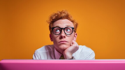 Bored young man with red hair and glasses sitting at desk with pink laptop on orange background. Concept of procrastination, waiting, office routine, student life, boredom, stress and creativity.