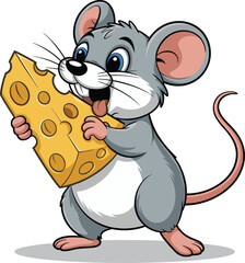 Cartoon gray mouse holding big yellow Swiss cheese, cute happy rodent character illustration, funny animal mascot design for children’s books, education