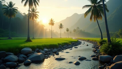 A tranquil stream winds through a lush paddy field at sunrise, lined with palm trees and misty mountains.