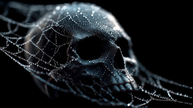 Spider web forms eerie human skull in intricate, delicate design