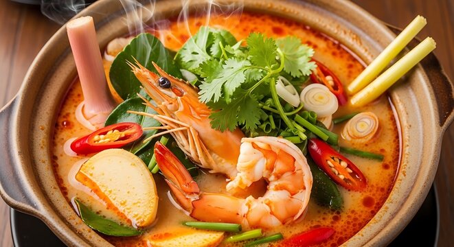 Delicious Tom Yum Soup with Shrimp and Aromatic Herbs.