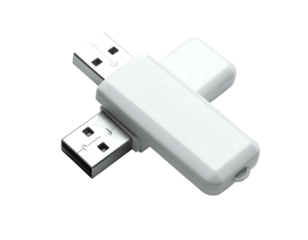White dual-USB flash drive, X-shaped design, isolated on black background.  Compact, portable data storage device
