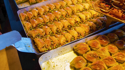 Delicious Golden Pistachio Baklava Display, Traditional Turkish Sweet Pastry