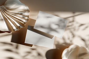 Cream-toned still life with shells and blank cards