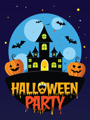 Get ready for a spooky halloween party at the haunted house with pumpkins, bats, and a full moon, a scary celebration