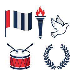 Patriotic and symbolic icon set with flag, torch, dove, drum, and laurel wreath on white background