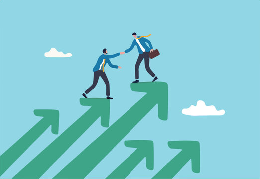 Business mentor, coaching or consult to help success, leadership or support to grow business or career, advice and trust to help improve, businessman mentor help coworker to climb growth arrow chart.