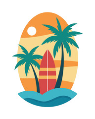 Obraz premium Tropical beach scene with palm trees, surfboard, and ocean waves at sunset